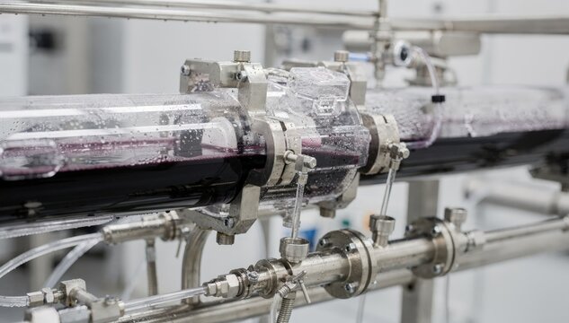 Close framing on flow meters attached to inline mixers demonstrating realtime monitoring of water injection into concentrated ink with clean professional chemical processing