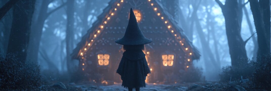 Photo of witch standing outside gingerbread house 