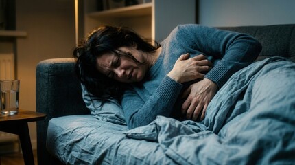 Obraz premium Woman Experiencing Chest Pain Lying Down In Bed Looking Sick