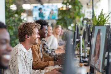 Naklejka premium Smiling young man working with diverse team in modern office