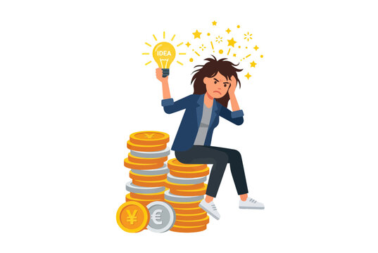 Frustrated woman with idea bulb sitting on stack of coins, graphic element