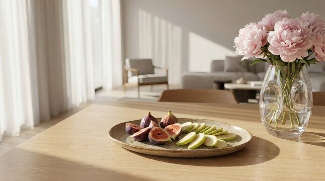 Elegant display of fresh figs and apple slices on plate with pink peonies, bright dining room with sheer curtains.