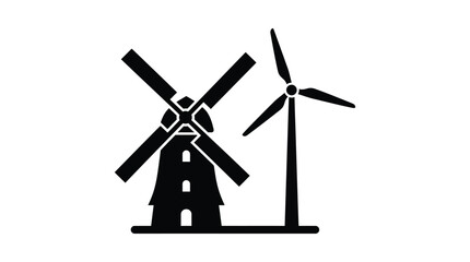 Windmill And Wind Turbine Silhouette Against A White Background © Tanzu