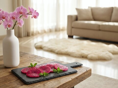 Pink dragon fruit slices on slate board with orchid in living room.
