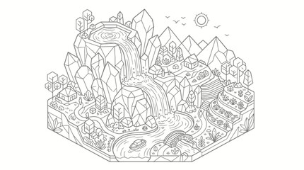 Obraz premium Isometric fantasy landscape vector line art with waterfall crystals and terraced gardens for coloring book