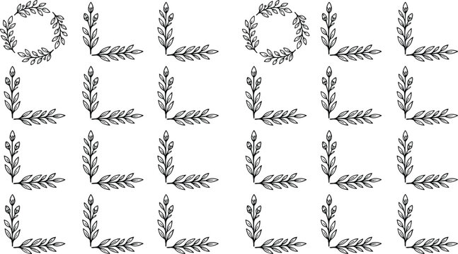 Collection of hand drawn elegant floral corner borders and circular wreaths for wedding invitation design decoration