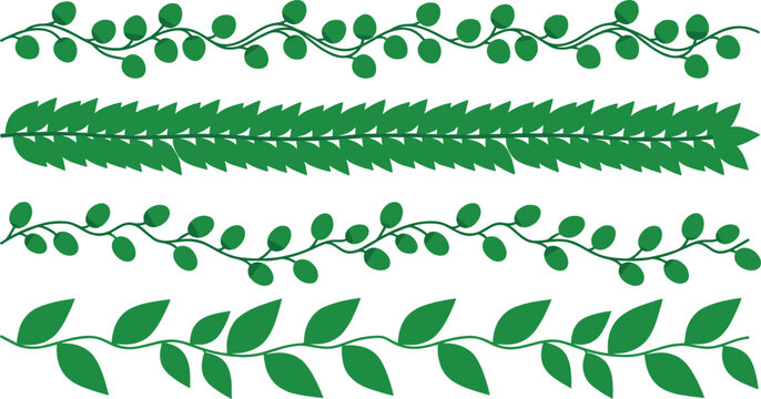 Set of green leaf seamless border patterns and botanical divider vectors for decorative design frames and page margins