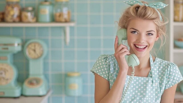 1950s housewife talking on retro house phone