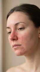 Fototapeta premium Bacterial infection manifestation: Staphylococcus impact, skin disease, face ailment, dermal problem, visible redness, unhealthy complexion, human suffering.