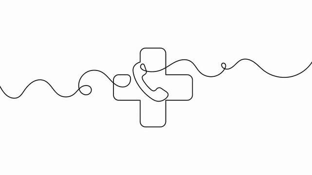 Telephone receiver single line drawing animation with healthcare cross icon on white background representing emergency service or medical support consultation