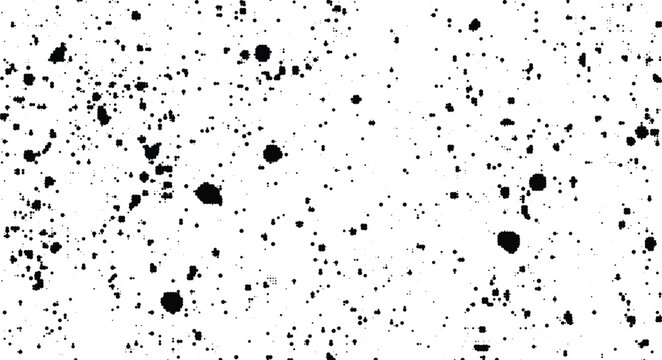 Black ink splatters on transparent background, abstract grunge texture with halftone dots, random spray paint effect.