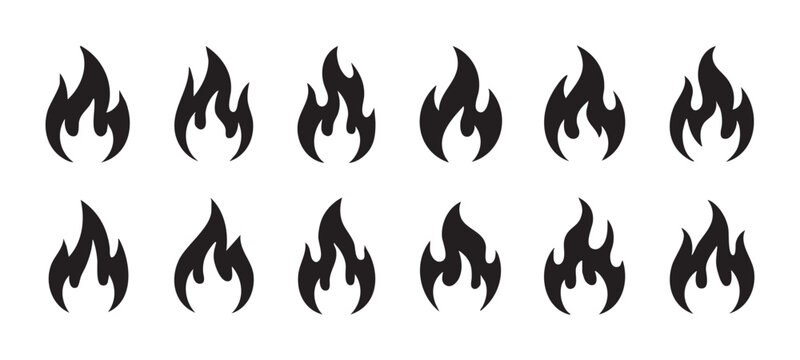 Set of simple black fire flames icons in flat design for web and graphic elements on a gray grid.