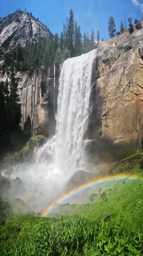 Beautiful view of Vernal Fall waterfall in Yosemite National Park, California, featuring rushing water, granite cliffs, forest scenery, and pristine wilderness landscapes