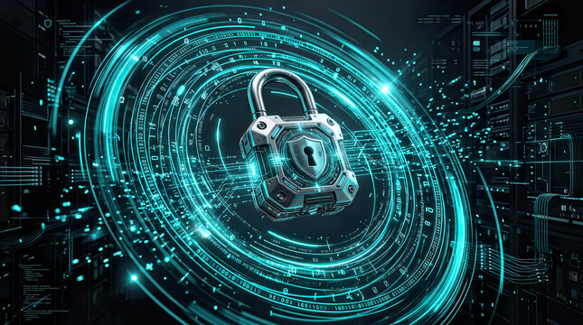 Digital padlock technology with glowing circuits and data streams in a futuristic setting, representing cybersecurity and data protection concepts in a high-tech environment