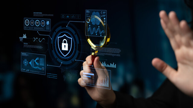 Close-up View of Hands Holding Magnifying Glass Over Digital Security Interface with Lock Symbol and Data Analysis Graphics. Entropy.