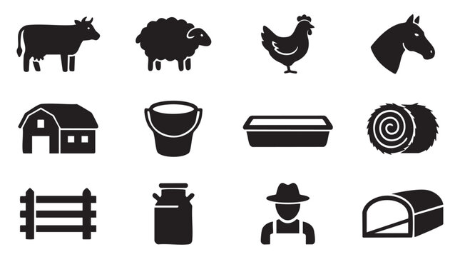 Farm icons, agriculture symbols, rural signs, black vector illustrations, 12 pcs