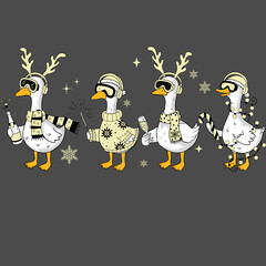 Cute Christmas and New Year cartoon goose characters raster set. Funny hand drawn white geese winter party sticker pack with ski goggles, champagne bottle, fairy lights, and sparkler, isolated holiday © Viktoria