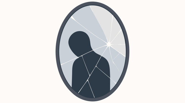 Broken mirror reflecting a sad faceless silhouette representing depression and low self-esteem, flat vector illustration of mental health issues and emotional pain on a clean light background.