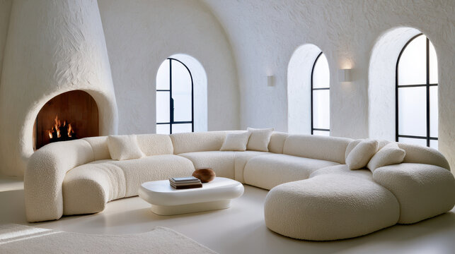Plaster Boucl&eacute; Sanctuary - A massive curved modular sectional sofa with rich cream wool textures stretches across a white plaster room illuminated by soft Mediterranean morning light