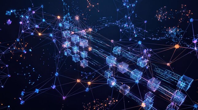 digital ledger networks, a dynamic visualization of a blockchain network with vibrant nodes and connections