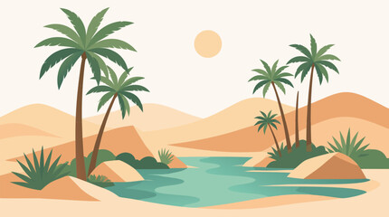 Obraz premium Abstract desert oasis landscape with tall green palm trees and blue water, serene flat vector illustration of a tropical paradise in the hot sand dunes under a clear light background sky.