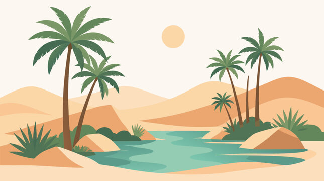 Abstract desert oasis landscape with tall green palm trees and blue water, serene flat vector illustration of a tropical paradise in the hot sand dunes under a clear light background sky.