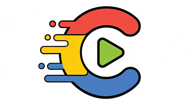 Play button logo with colorful design.