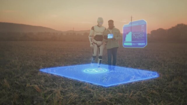 Individuals and robotic entities engage together using radiant projections in illuminated sunset environment