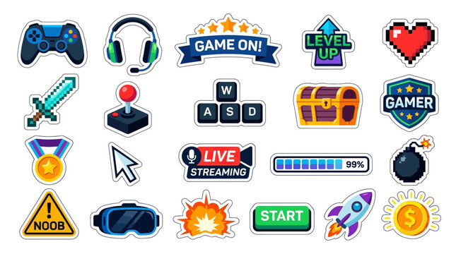 Gaming icons, video game stickers, gamer symbols, colorful set isolated on White Background vector silhouette