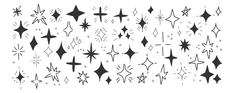 Hand drawn sparkle collection. Simple twinkle blink firework glitter light silhouette. Doodle glowing shining element set for comic collage design