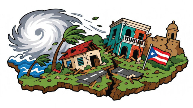 Puerto Rico hurricane damaged buildings landscape.