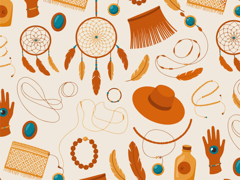 Bohemian seamless pattern with dreamcatchers feathers jewelry and hats flat vector illustration for textile and fashion design