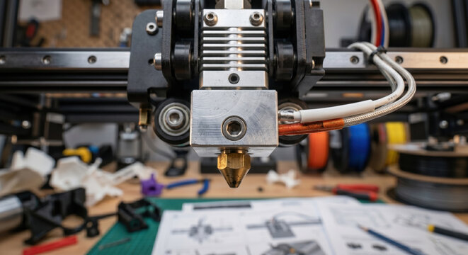 Close-up of a 3D printer extruder nozzle and hotend assembly in a workshop with filament spools and blueprints