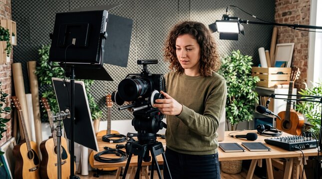 creative workspace setup, a content creator surrounded by professional equipment in a vibrant workspace
