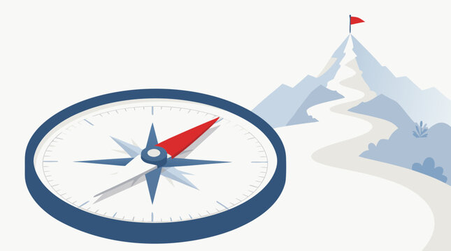 Giant compass pointing towards the word success, flat vector illustration of direction, guidance, and career planning, conceptual business art for finding the right path to achievement.