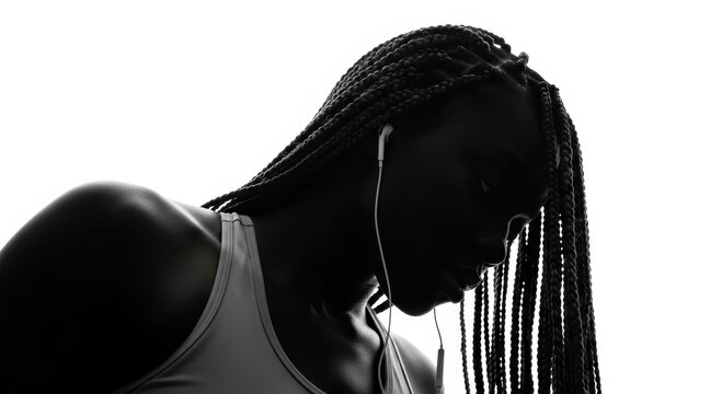 African american woman with braided hairstyle listening to music with earphone. Silhouette of girl engaged in sports activity. Wellness, lifestyle and modern technology, fitness concept.