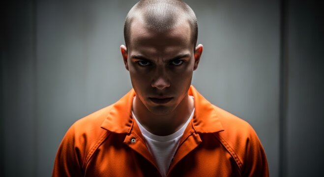 Angry prisoner with buzz cut in orange jumpsuit. Dangerous criminal portrait in jail setting. Tough man with intense expression looking at camera. Justice, crime and law enforcement concept.