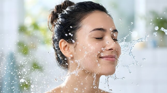 A young woman splashes cool water onto her face, her eyes closed in contentment as water droplets cascade around her. Her skin is dewy and refreshed.