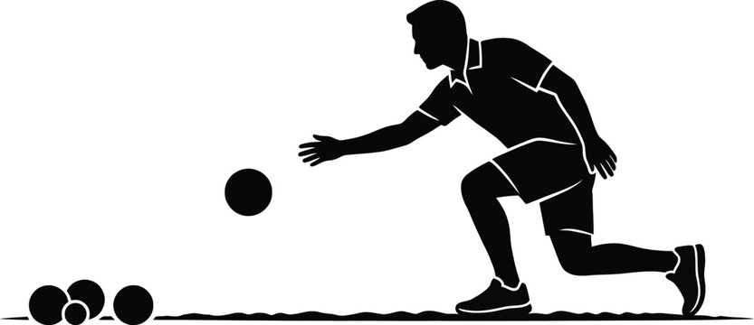 Silhouette of a male athlete throwing a heavy bocce ball during a competitive outdoor lawn game