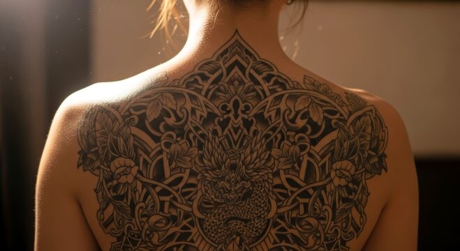 Woman with intricate oriental dragon tattoo on her back. Detailed artistic body art design. Symbolic style for self expression and fashion. Professional ink work on human skin.