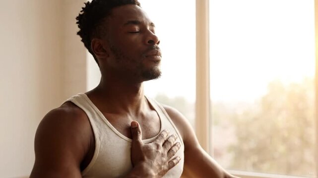 Black man holding hand on chest closing eyes for world mental health day mindfulness and breathing exercise