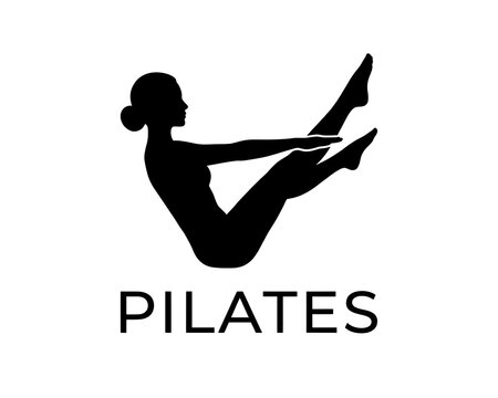 Minimalist black silhouette of a fit woman performing a pilates V-sit pose on a white background with text for sports logo, wellness center branding, and fitness studio promotional material design