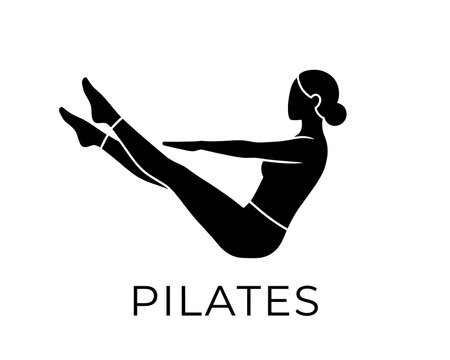 Minimalist black silhouette icon of a person performing a core strengthening pilates exercise on a white background with text, ideal for fitness branding, health logos and workout guides