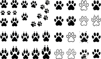 Fototapeta premium Hand drawn paw print collection with cat and dog footprints, pet footstep marks, animal pad patterns and cute flat vector icons isolated on white background.