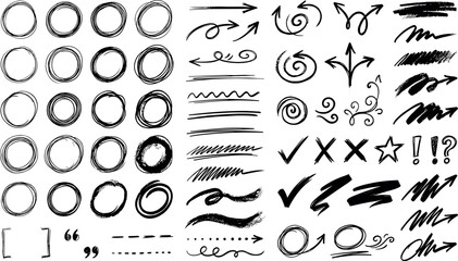 Hand drawn scribble punctuation and emphasis marks collection. Pencil charcoal circles arrows underlines swirls check marks graffiti brush accents vector illustration. © MODA
