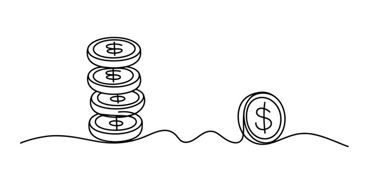 Continuous single line drawing of a stack of dollar coins and one single coin resting on a flat surface representing financial growth and business savings Vector, illustration