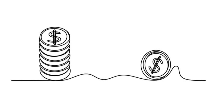 Continuous single line drawing of stack of dollar coins and one rolling coin representing savings investment and business finance growth concept Vector, illustration