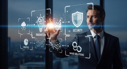 Fototapeta premium Man touching holographic screen with business icons