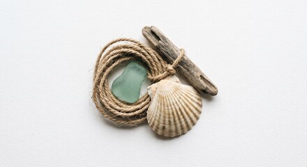 Naklejka premium Sea glass shell rope nautical beach still life