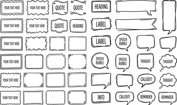 Wavy abstract rectangle text box frame set with organic quote borders, rough labels, uneven speech bubbles and doodle callout vector illustration